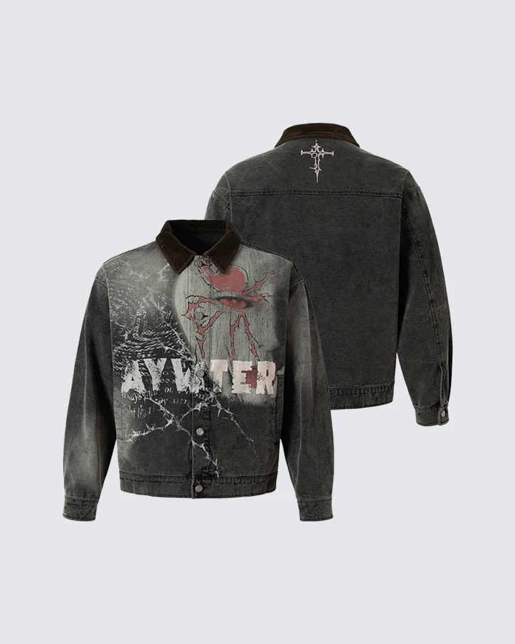 Washed Denim Graffiti Jacket with Contrast Collar - Image 2