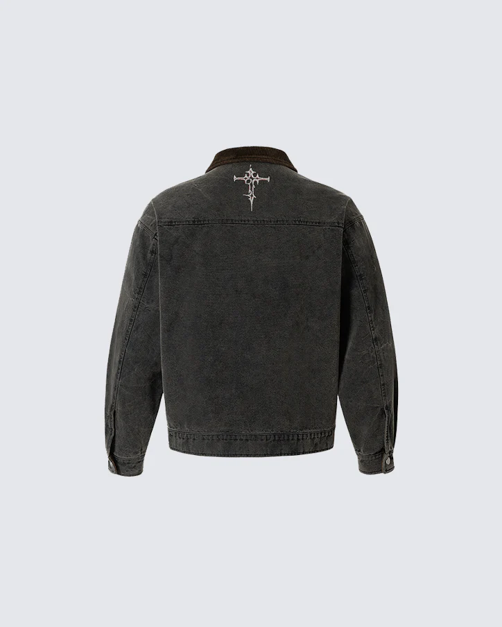 Washed Denim Graffiti Jacket with Contrast Collar - Image 3