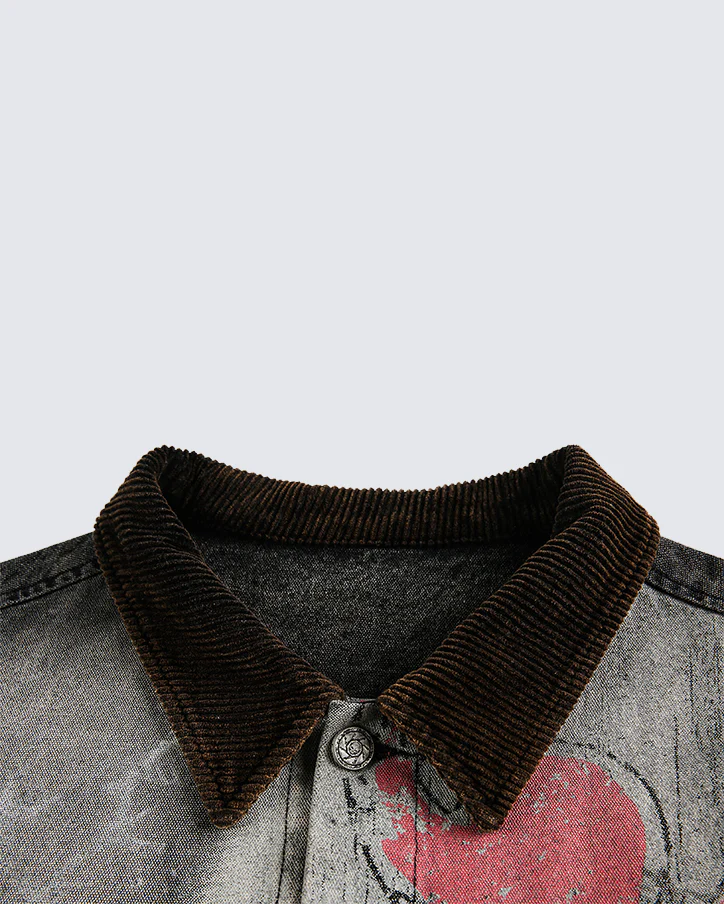 Washed Denim Graffiti Jacket with Contrast Collar - Image 4