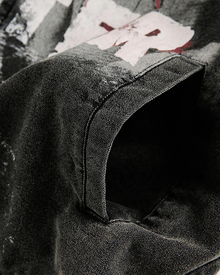 Washed Denim Graffiti Jacket with Contrast Collar - Image 8