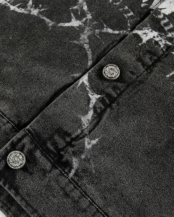 Washed Denim Graffiti Jacket with Contrast Collar - Image 9