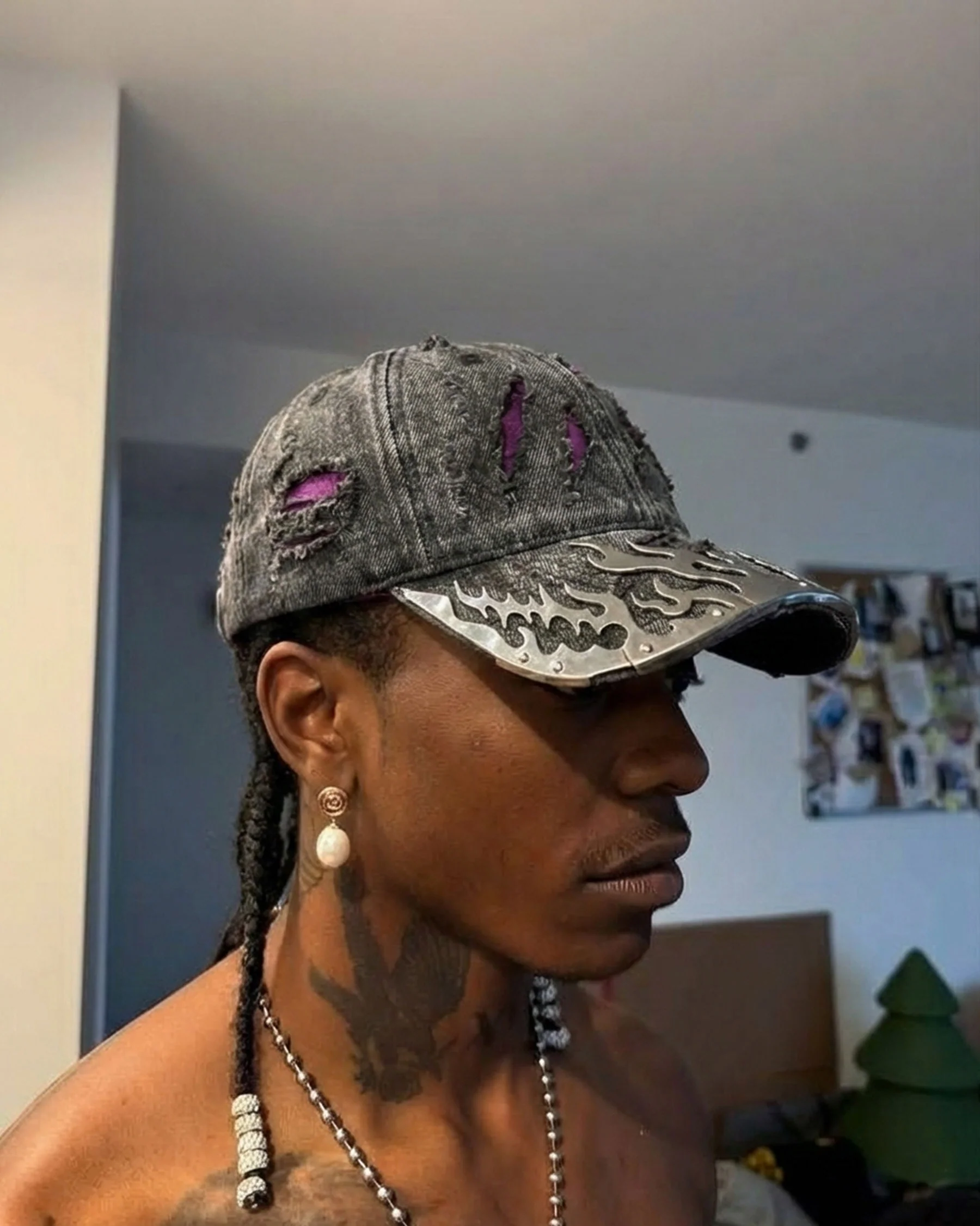 KIIKIO-Wasteland Flame-Metal Distressed Denim Cap - Image 2