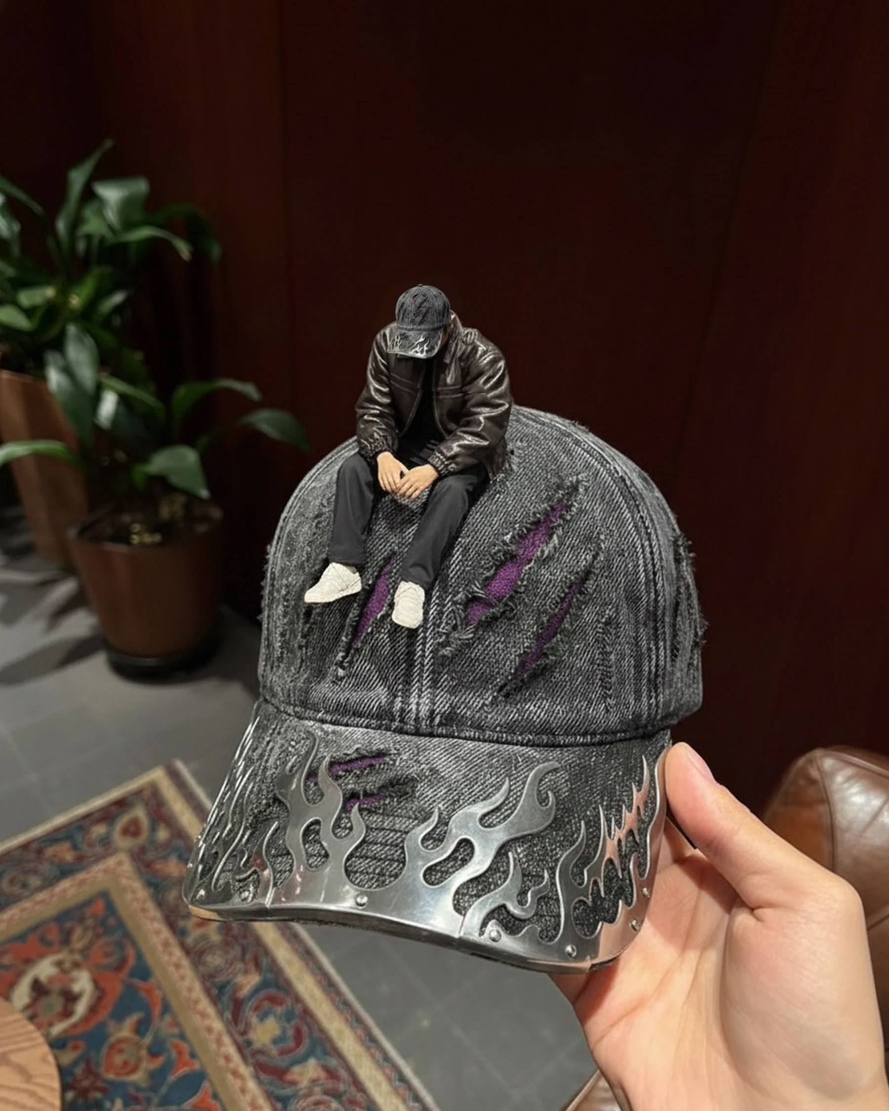 KIIKIO-Wasteland Flame-Metal Distressed Denim Cap - Image 6