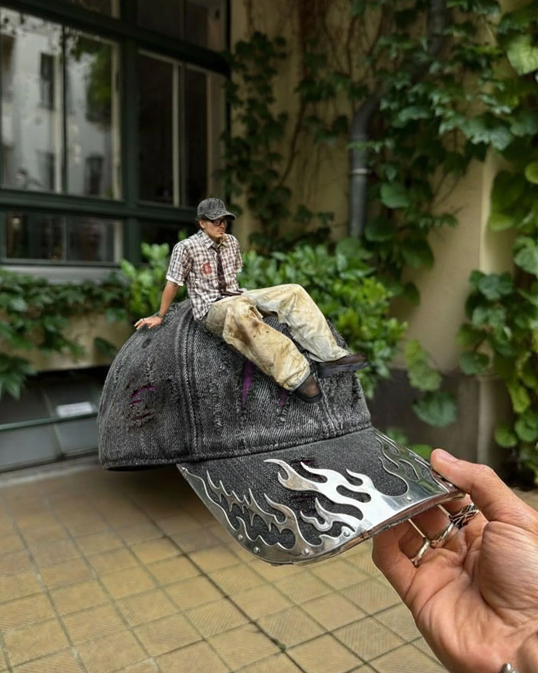 KIIKIO-Wasteland Flame-Metal Distressed Denim Cap - Image 7