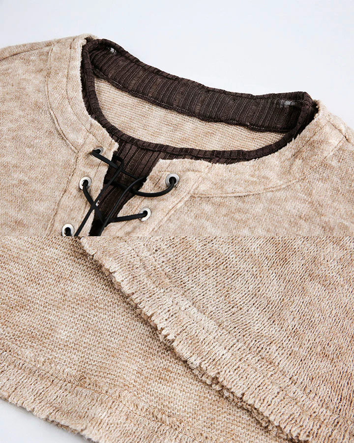 Lace-Up Neck Layered Knit T-Shirt - Image 10