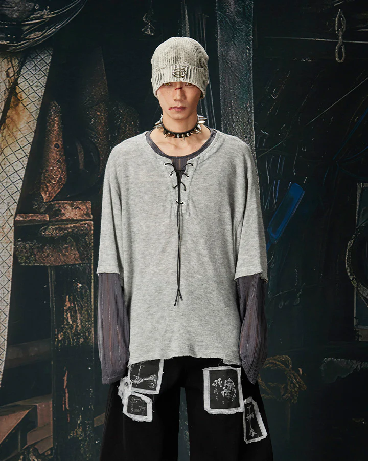 Lace-Up Neck Layered Knit T-Shirt - Image 2