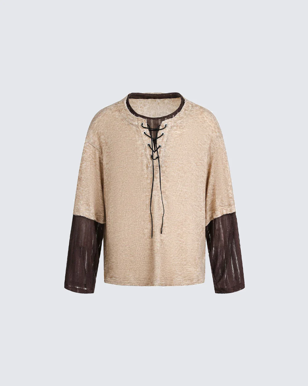 Lace-Up Neck Layered Knit T-Shirt - Image 3
