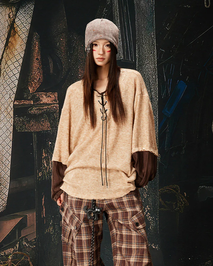 Lace-Up Neck Layered Knit T-Shirt - Image 4