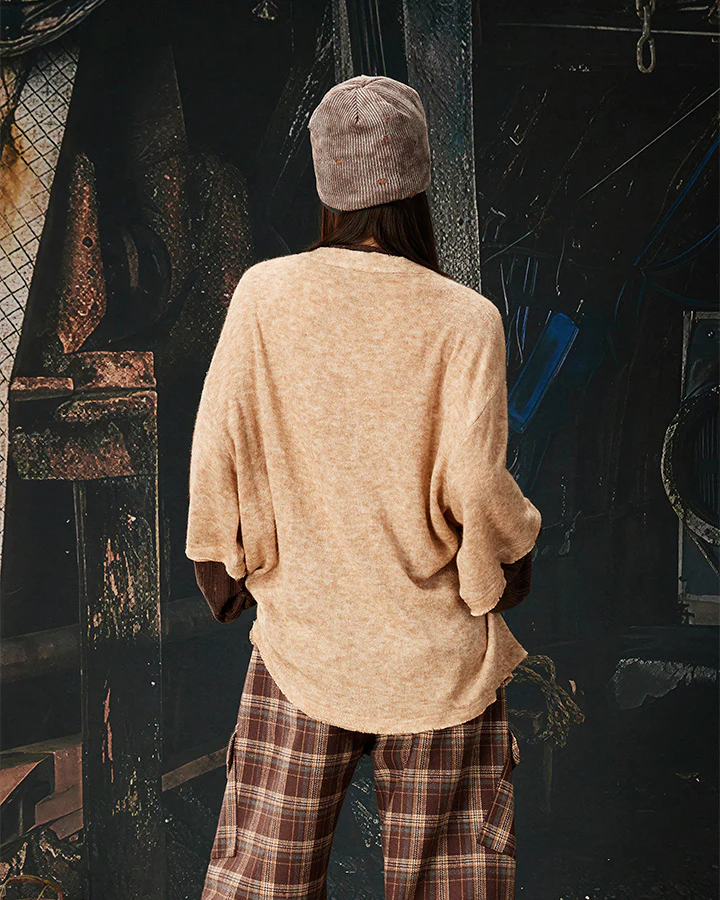 Lace-Up Neck Layered Knit T-Shirt - Image 8