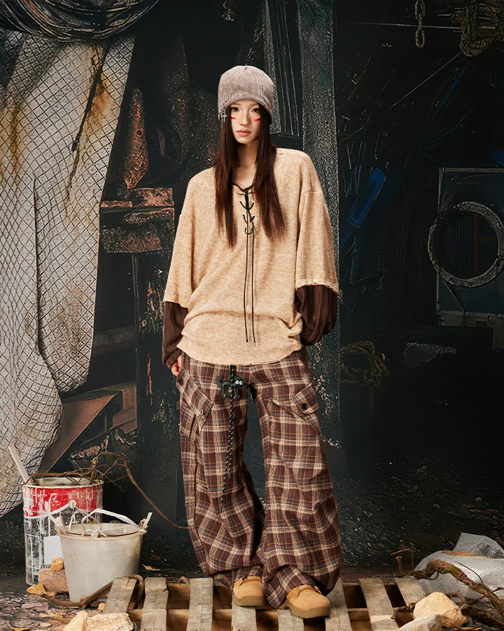 Lace-Up Neck Layered Knit T-Shirt - Image 9