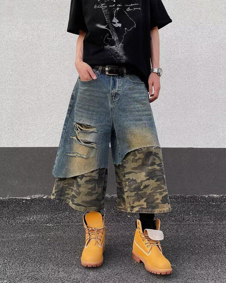 Layered Camo Patchwork Distressed Denim Shorts - Image 2
