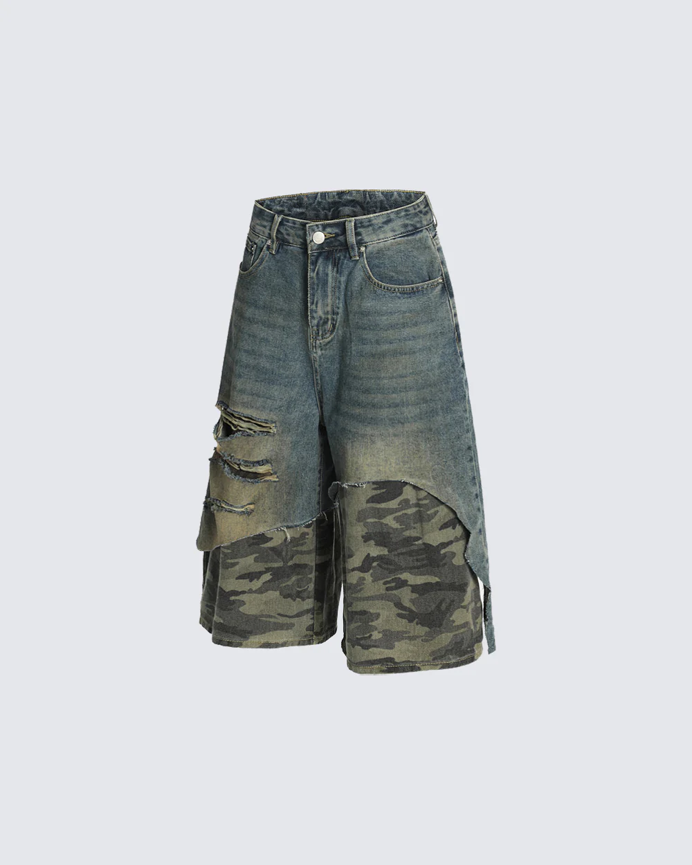 Layered Camo Patchwork Distressed Denim Shorts - Image 3