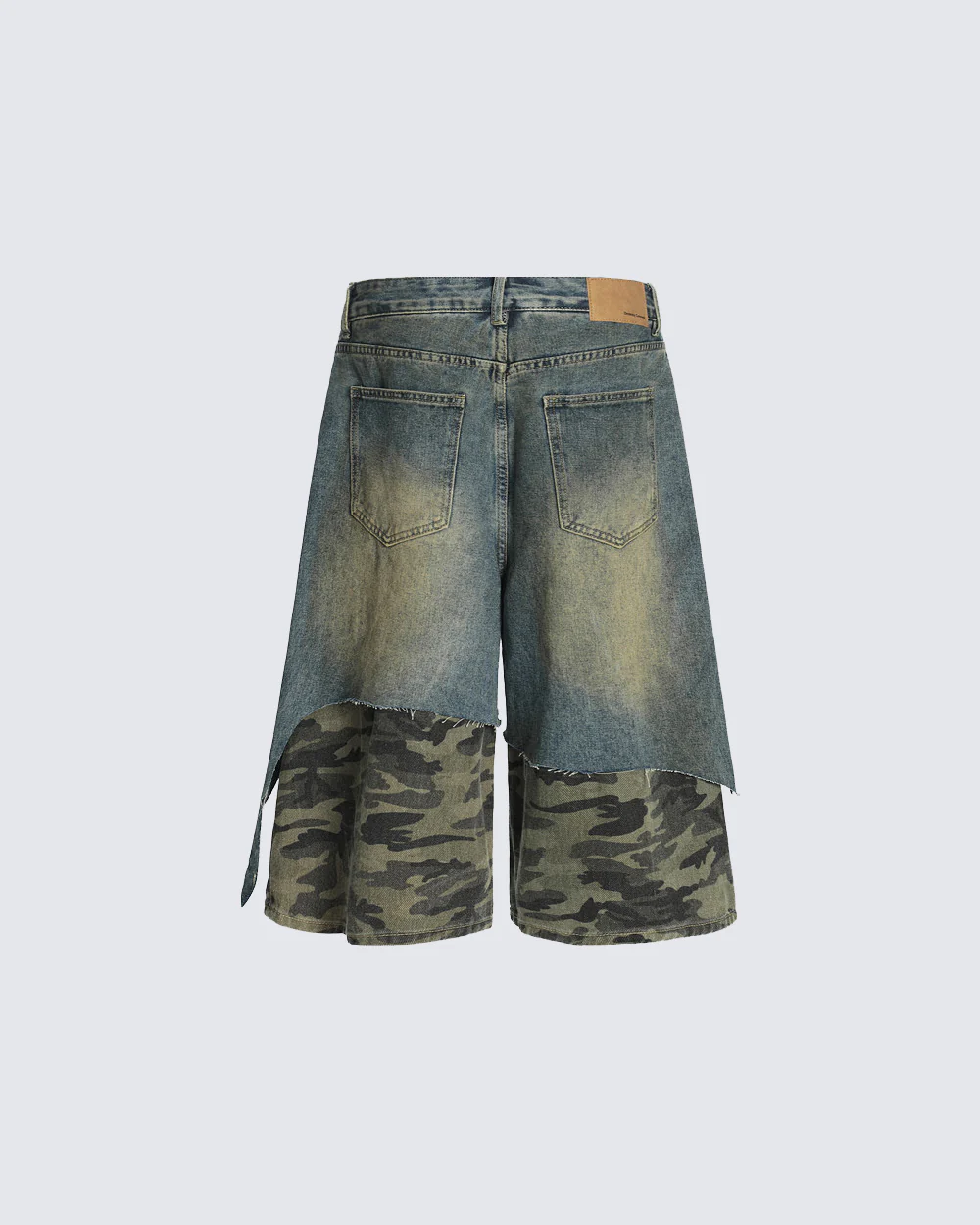 Layered Camo Patchwork Distressed Denim Shorts - Image 4