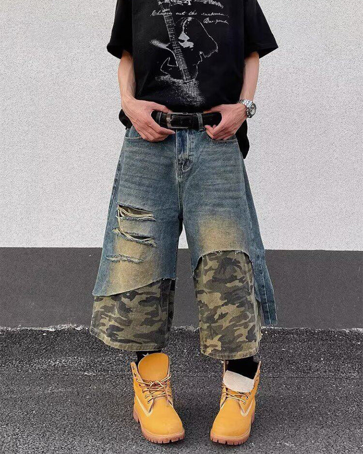 Layered Camo Patchwork Distressed Denim Shorts - Image 5