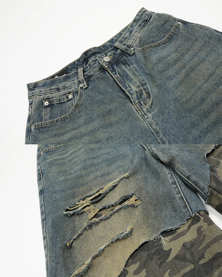 Layered Camo Patchwork Distressed Denim Shorts - Image 6