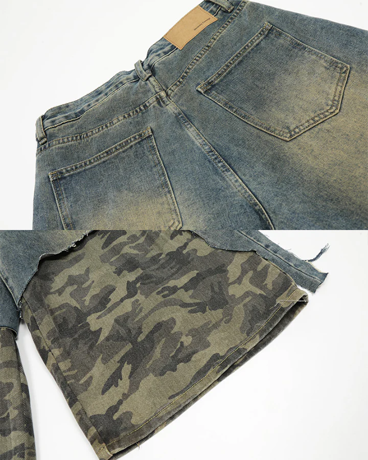 Layered Camo Patchwork Distressed Denim Shorts - Image 7
