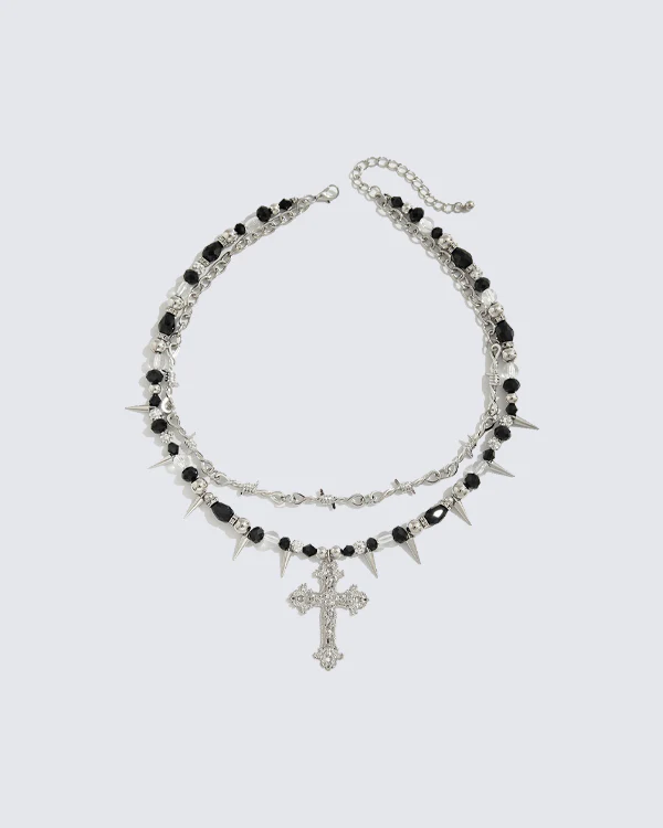 Layered Cross Spike Beaded Necklace