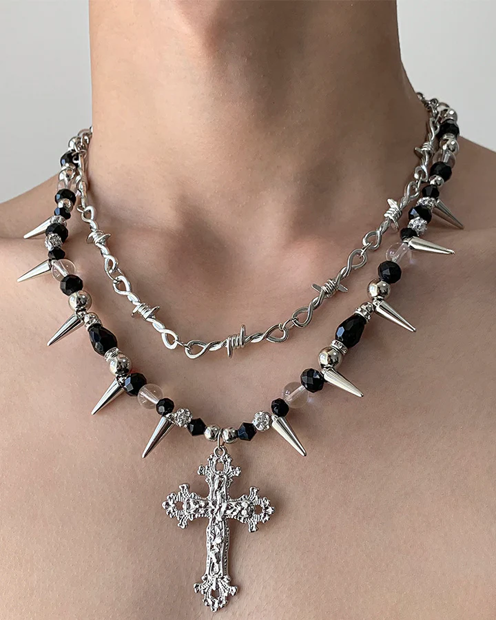 Layered Cross Spike Beaded Necklace - Image 2