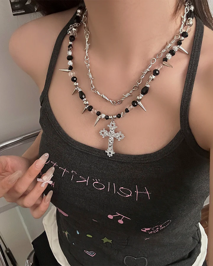 Layered Cross Spike Beaded Necklace - Image 3