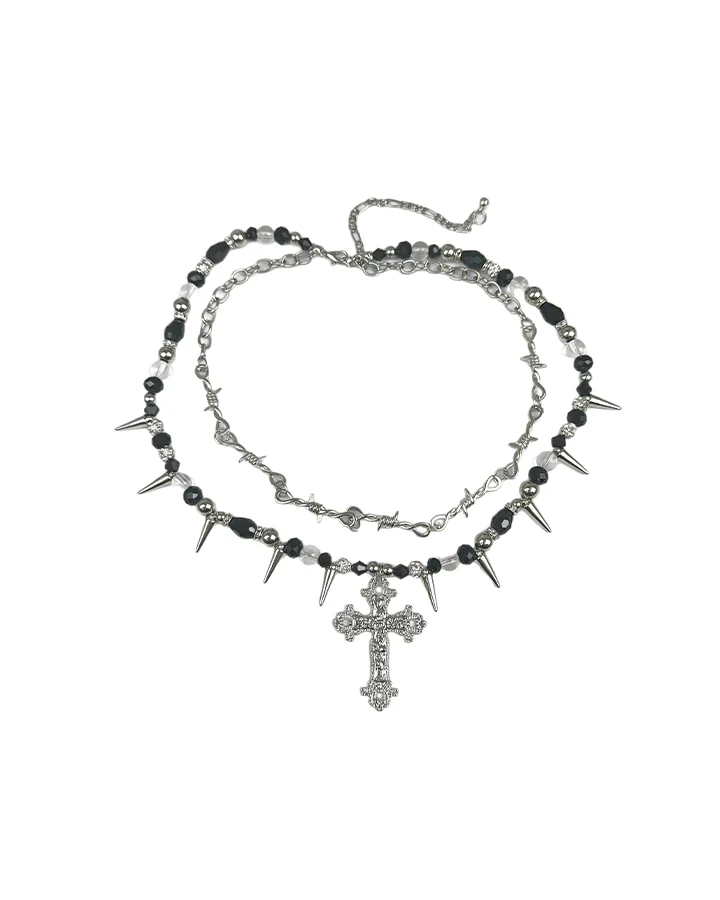 Layered Cross Spike Beaded Necklace - Image 4