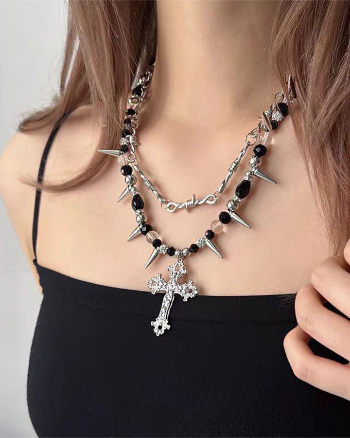 Layered Cross Spike Beaded Necklace - Image 5