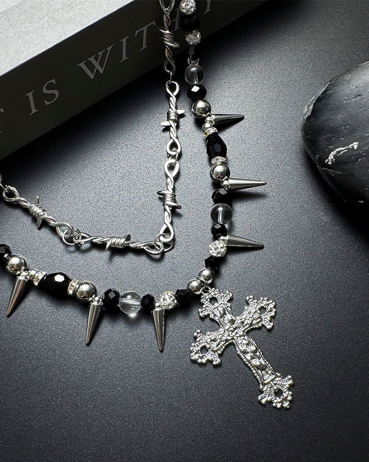 Layered Cross Spike Beaded Necklace - Image 6