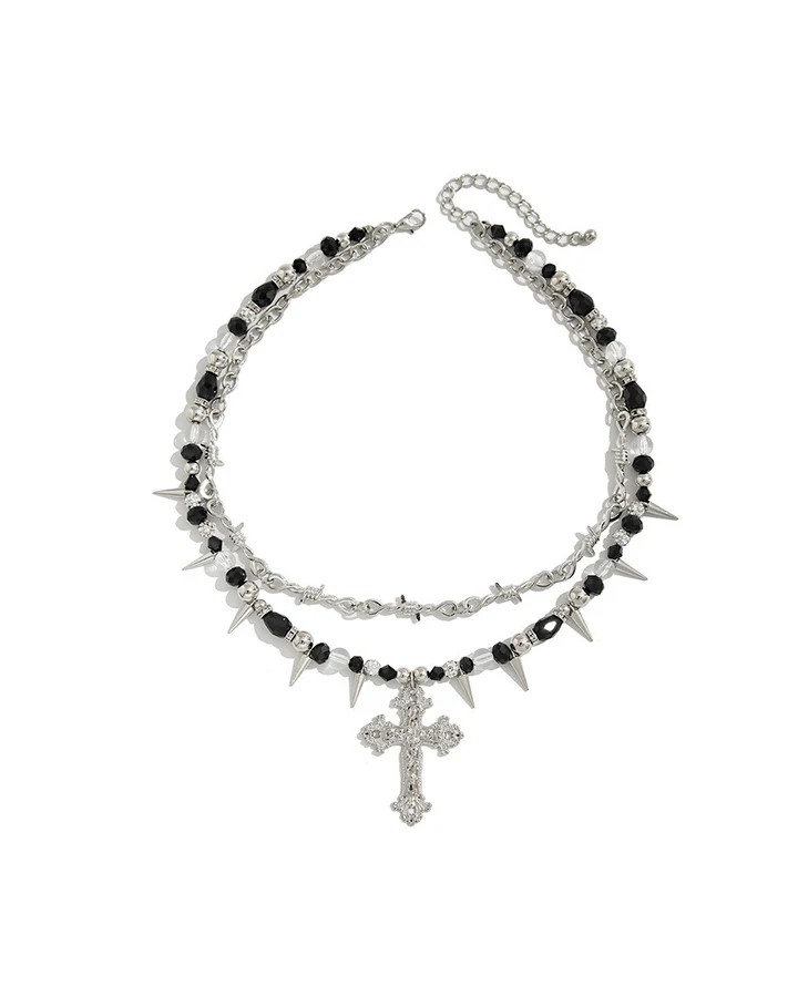 Layered Cross Spike Beaded Necklace - Image 7