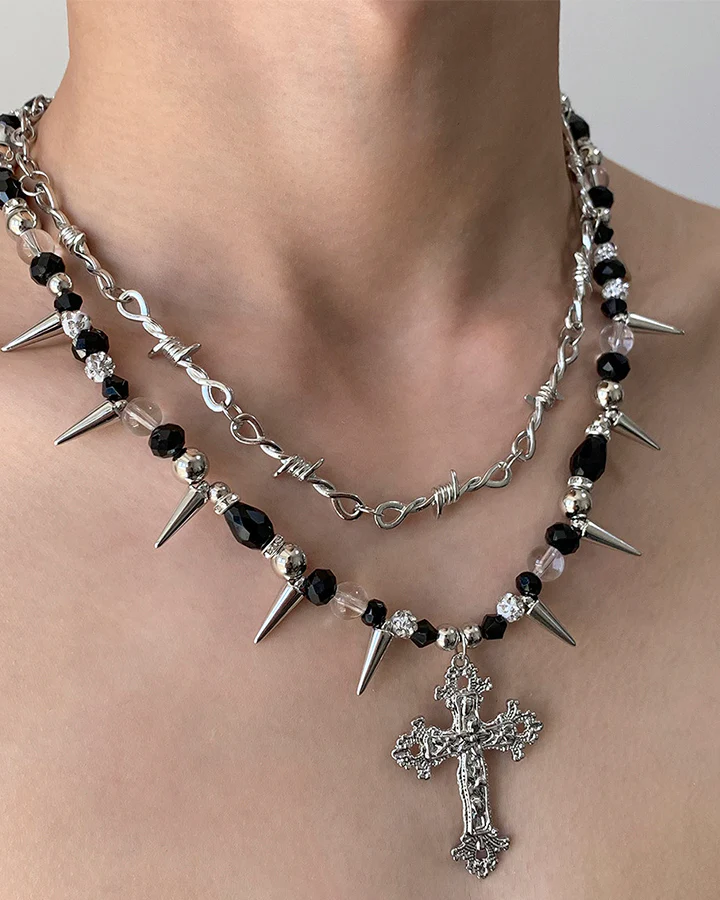 Layered Cross Spike Beaded Necklace - Image 8