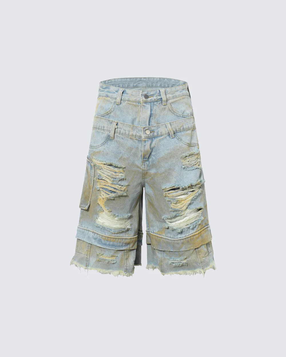 Layered Distressed Raw Hem Denim Shorts