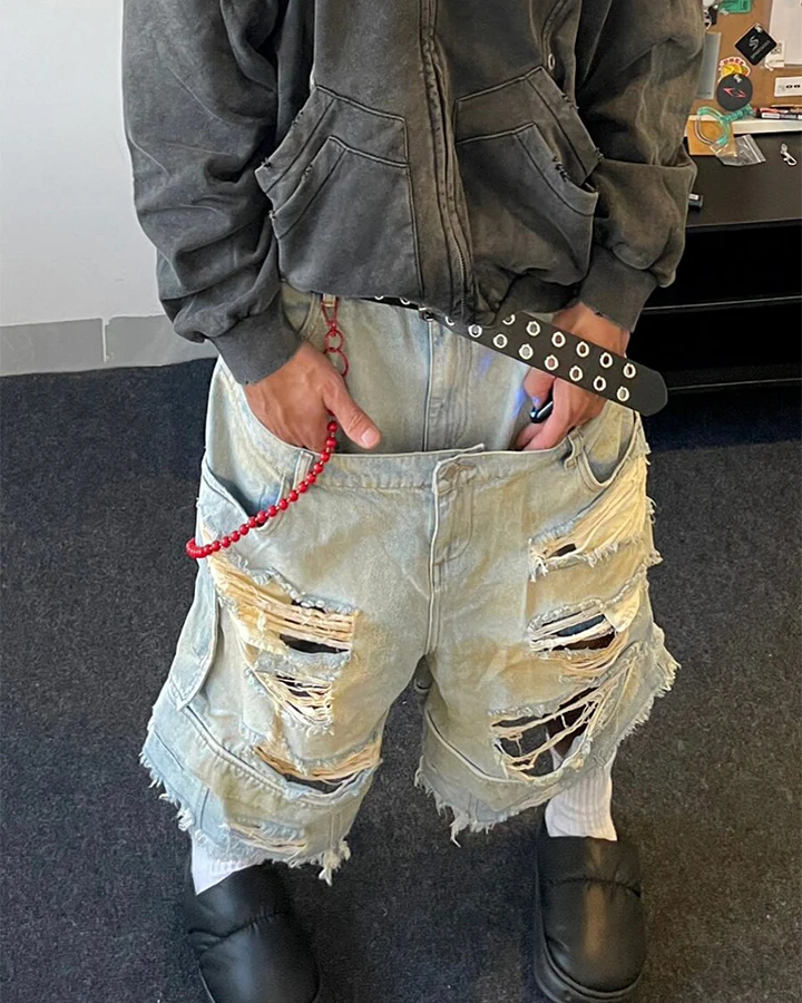 Layered Distressed Raw Hem Denim Shorts - Image 2