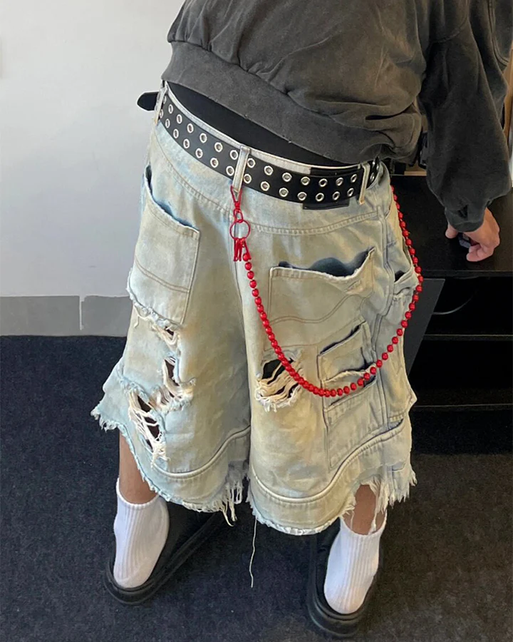 Layered Distressed Raw Hem Denim Shorts - Image 4