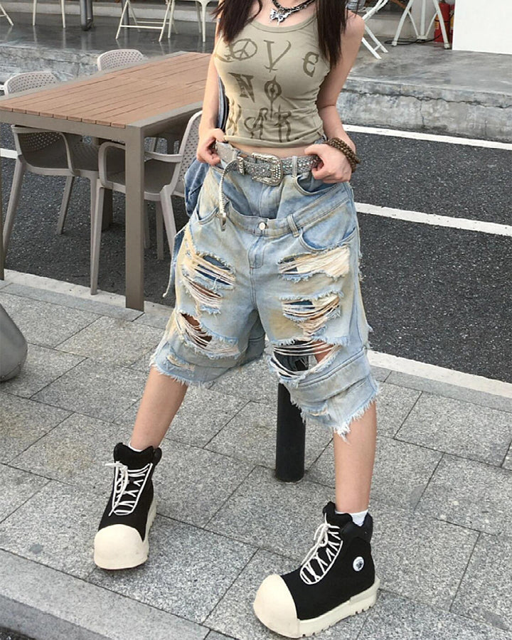 Layered Distressed Raw Hem Denim Shorts - Image 6