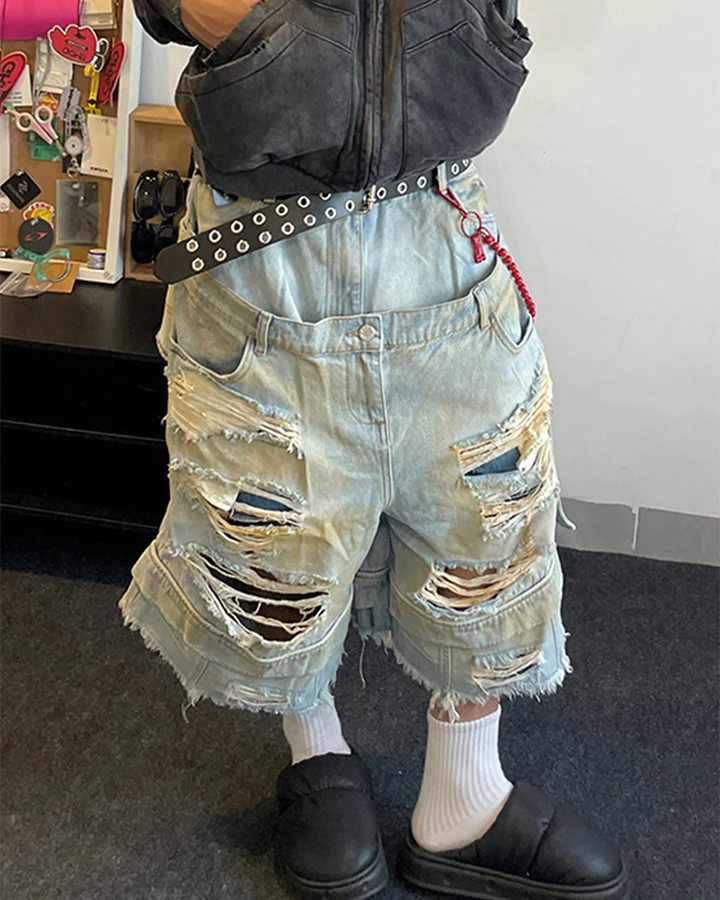 Layered Distressed Raw Hem Denim Shorts - Image 9
