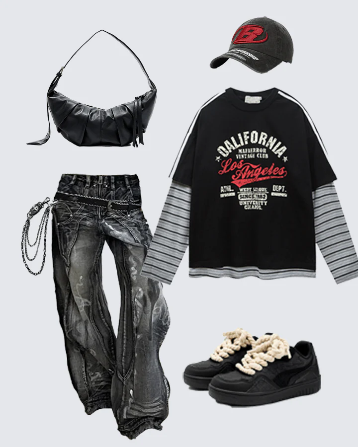 Layered Sleeve Graphic Tee – Vintage Style - Image 2