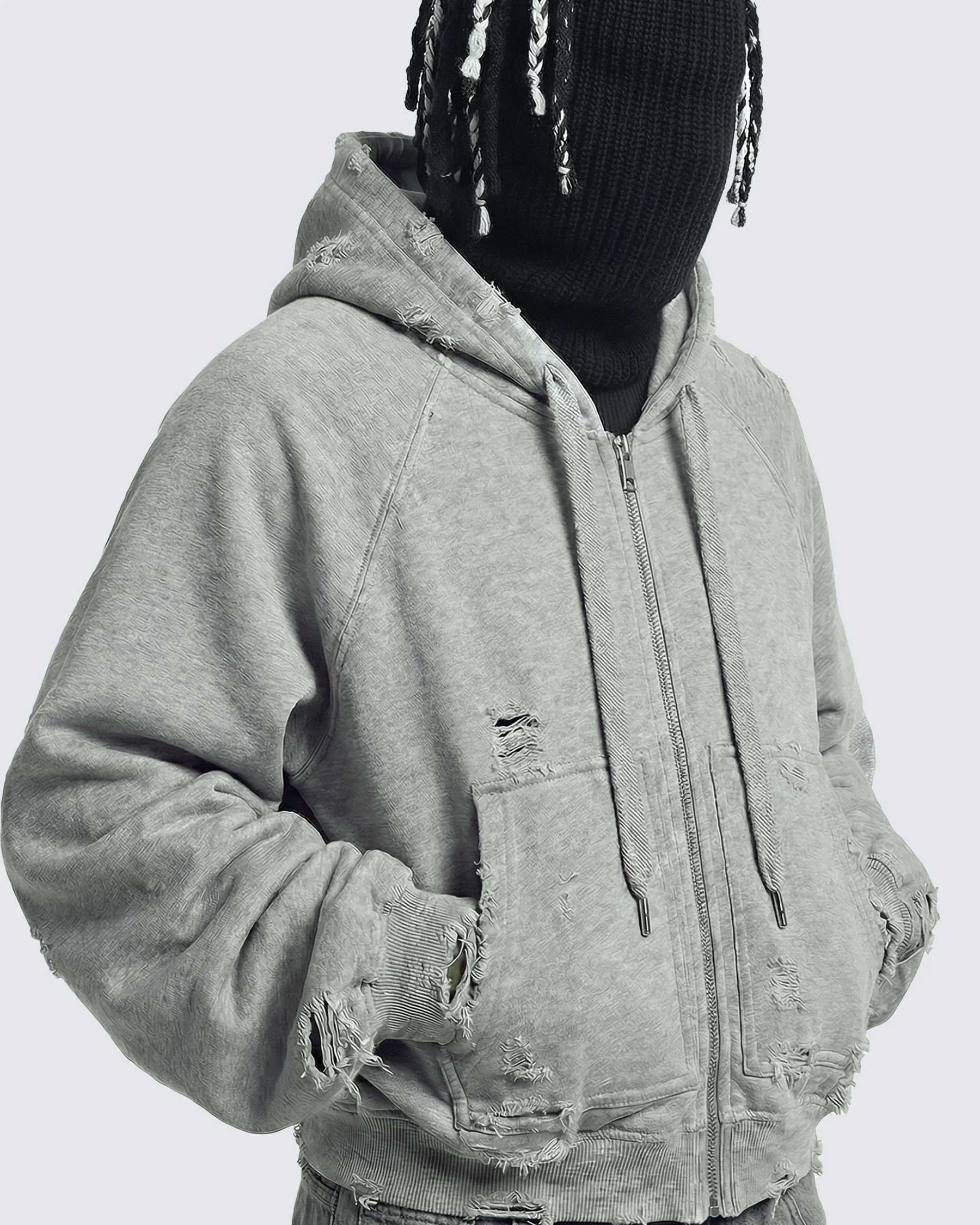LOW SATURATION-Distressed Cropped Zip-Up Hoodie - Image 2