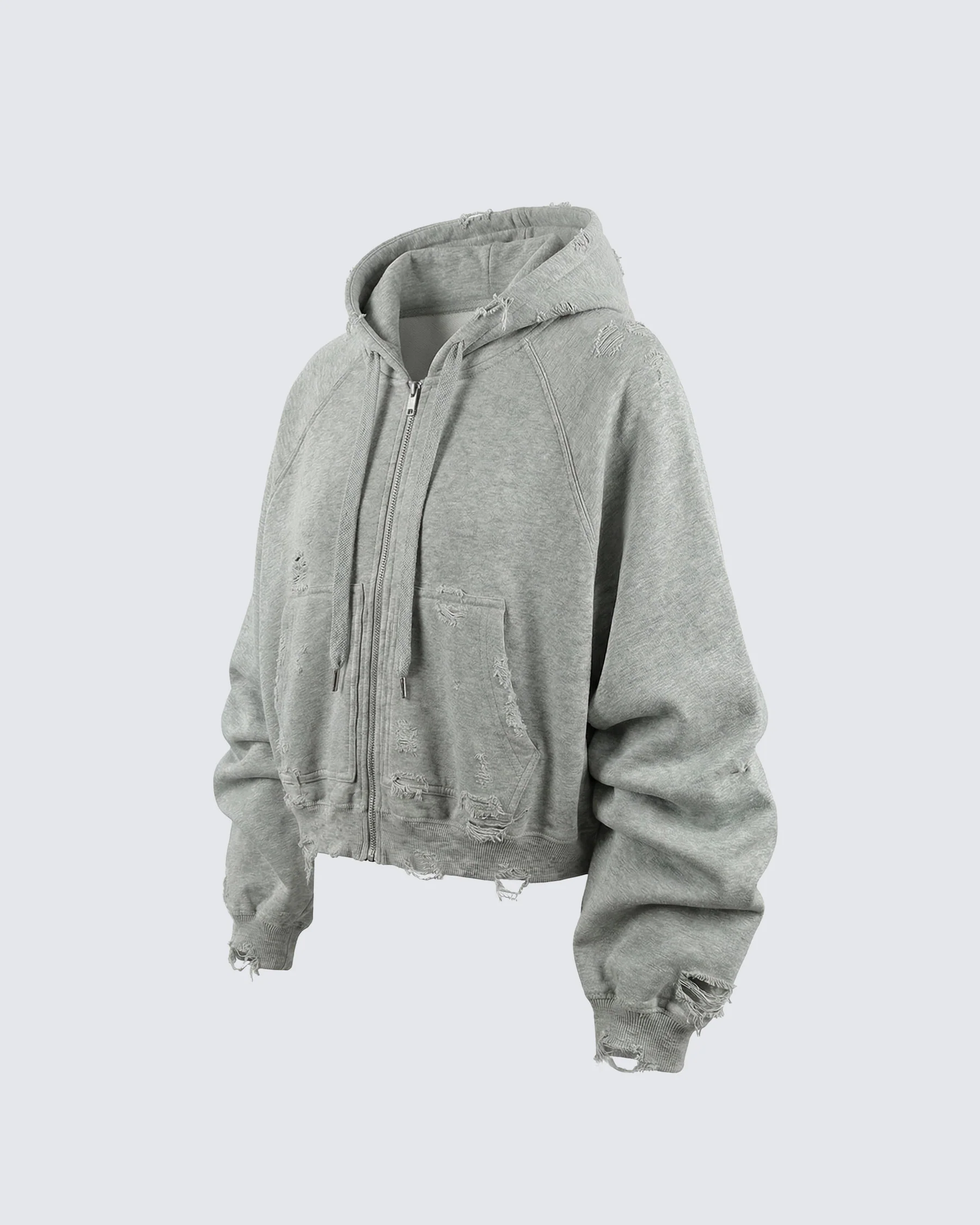 LOW SATURATION-Distressed Cropped Zip-Up Hoodie - Image 4