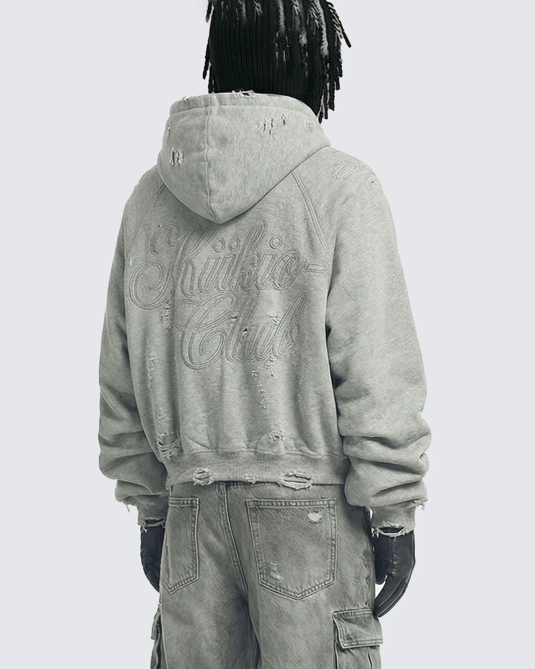 LOW SATURATION-Distressed Cropped Zip-Up Hoodie - Image 8