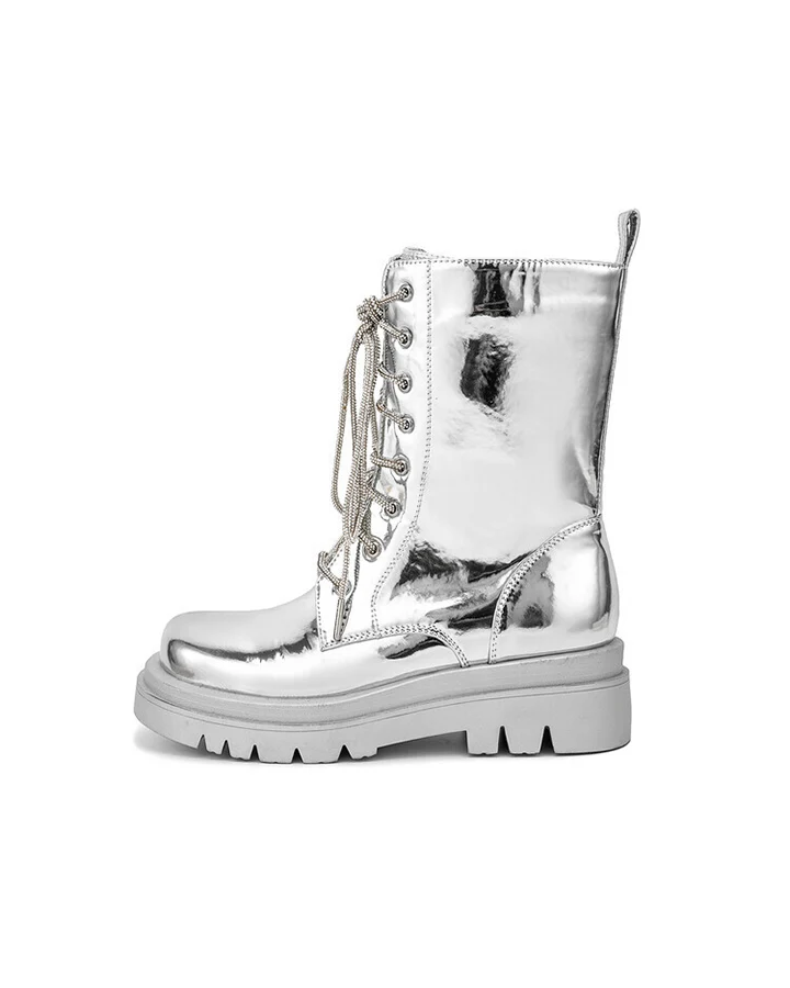 Metallic Lace-Up Platform Combat Boots - Image 2