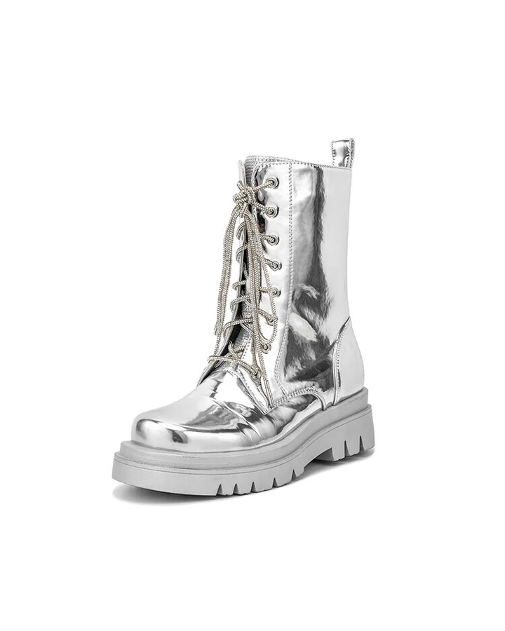 Metallic Lace-Up Platform Combat Boots - Image 3