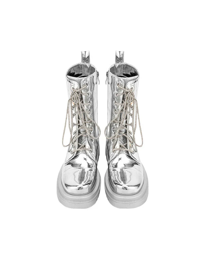 Metallic Lace-Up Platform Combat Boots - Image 4