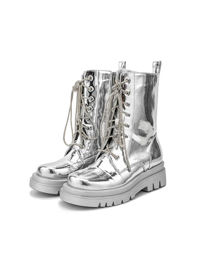 Metallic Lace-Up Platform Combat Boots - Image 5