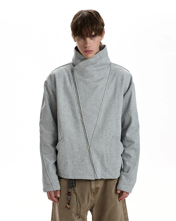 Minimalist Asymmetric Zip Stand Collar Jacket - Image 2