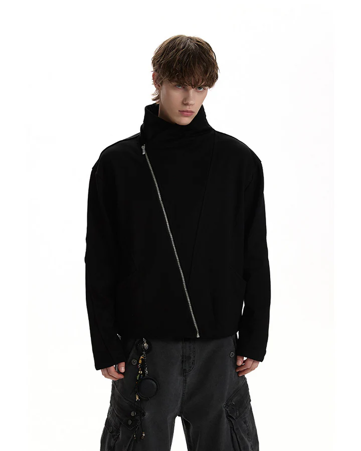 Minimalist Asymmetric Zip Stand Collar Jacket - Image 4