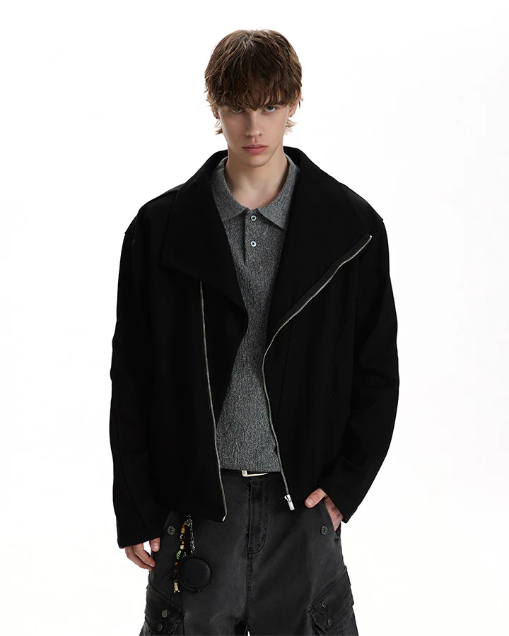 Minimalist Asymmetric Zip Stand Collar Jacket - Image 5