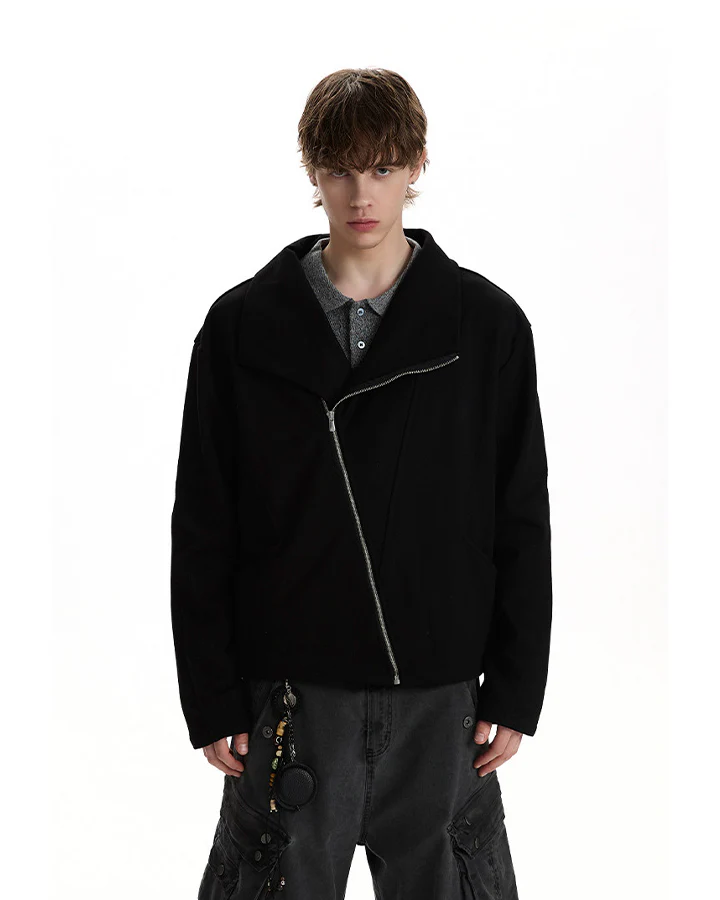 Minimalist Asymmetric Zip Stand Collar Jacket - Image 7