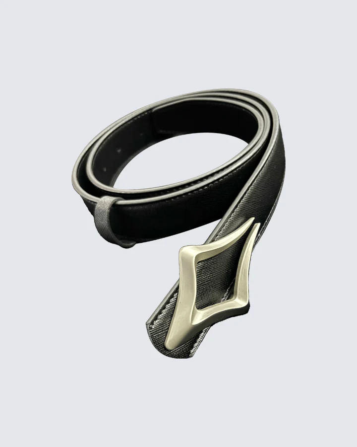 Minimalist Black Leather Belt with Geometric Silver Buckle - Image 2