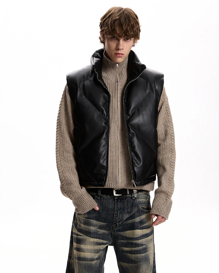 Minimalist PU Puffer Stand Collar Vest - Image 3