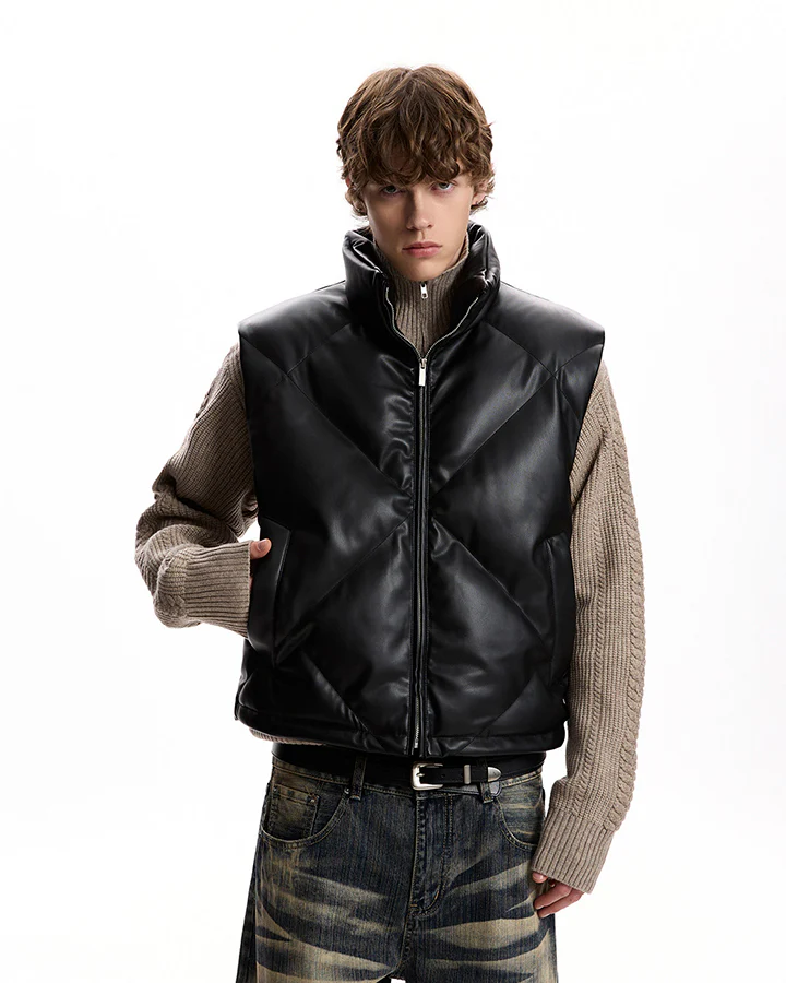 Minimalist PU Puffer Stand Collar Vest - Image 8