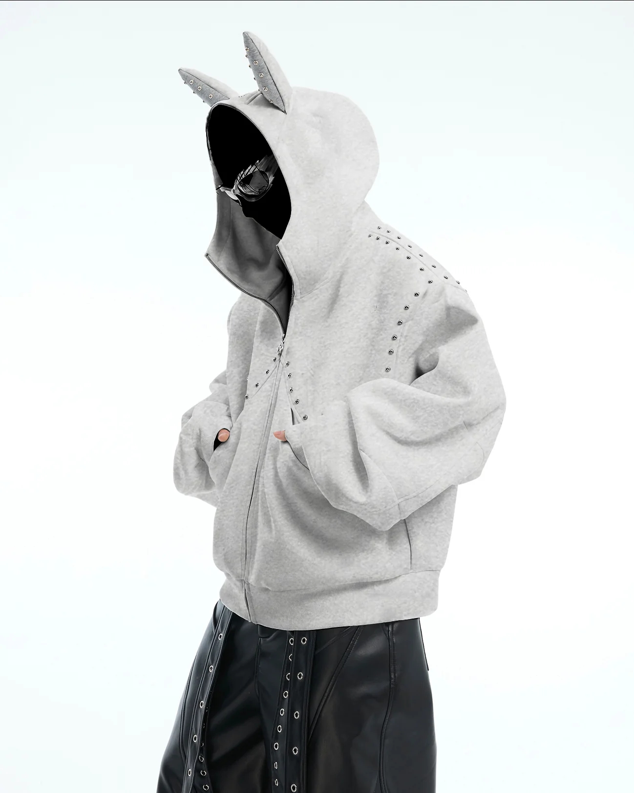 Horned Studded Zip-Up Hoodie with Ear Detail - Image 2