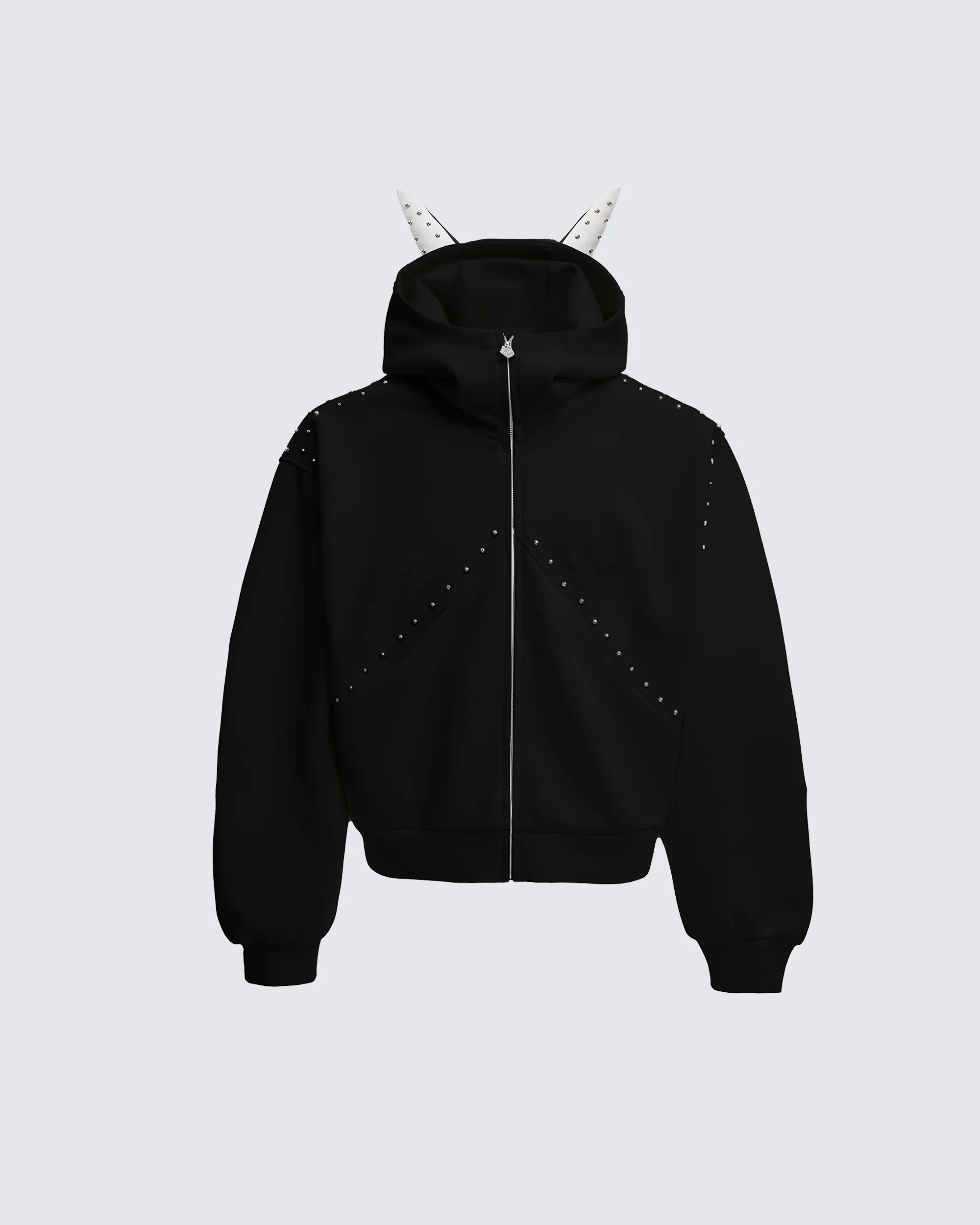 Horned Studded Zip-Up Hoodie with Ear Detail - Image 3